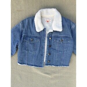 MELE E PERE Sherpa Collar Cropped Denim Jacket Blue Button Frayed Hem Pockets M